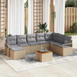 vidaXL Ensemble de Canapé de Jardin 9 pièces avec coussins beige en rattan synthétique.