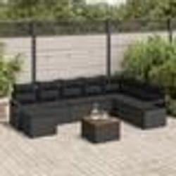 vidaXL Ensemble de canapés de jardin 9 pièces avec des coussins en poly rattan noir et acacia