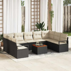 vidaXL Set de canapés de jardin 10 pièces avec des coussins noirs en poly rotin et acacia.