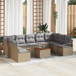 vidaXL Ensemble canapé de jardin 10 pièces avec coussins en poly rotin acacia beige