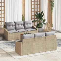 vidaXL Canapé de jardin 7 pièces avec coussins beiges en poly rotin