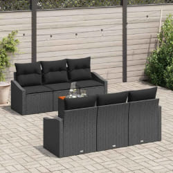 vidaXL Canapé de jardin 7 pièces avec coussins en poly rattan noir et acacia