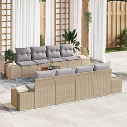 vidaXL Ensemble de Salon de Jardin 9 Pièces avec Coussins Beige en Poly Rattan et Acacia