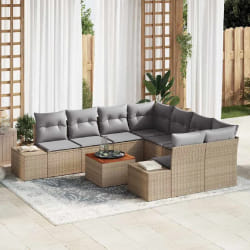 vidaXL Set de canapé de jardin 9 pièces avec des coussins en rotin poly beige et en acacia.