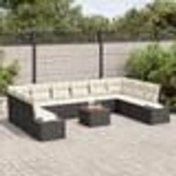 vidaXL Ensemble de canapé de jardin 11 pièces avec coussins, Noir, poly rotin, acacia