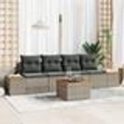 vidaXL Ensemble de Canapés de Jardin 5 Pièces avec Coussins Gris en Poly Rattan et Acacia