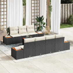 vidaXL Set de canapés de jardin 8 pièces avec coussins noirs en rotin synthétique et bois d'acacia.