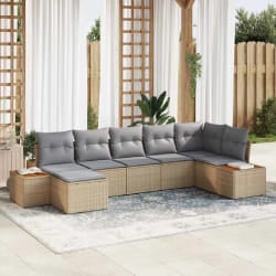 vidaXL Ensemble de salon de jardin 7 pièces avec des coussins en poly rotin beige et acacia.