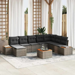 vidaXL Ensemble de Canapé de Jardin de 9 Pièces avec Coussins Gris en Rattan Poly Acacia