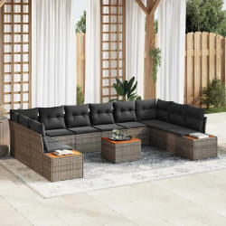 vidaXL Ensemble de Canapés de Jardin de 11 Pièces avec Coussins Gris Poly Rattan Acacia