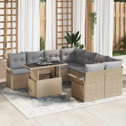 vidaXL Set de canapés de jardin 9 pièces avec coussins beiges en rattan synthétique