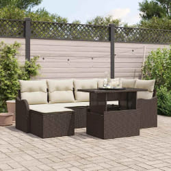 Canapé de jardin 7 pièces avec coussins en rotin poly marron