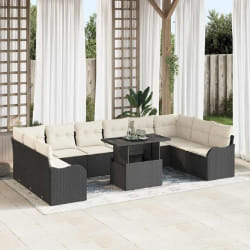 Ensemble de Canapés de Jardin de 11 Pièces avec Coussins en Rattan Poly Noir