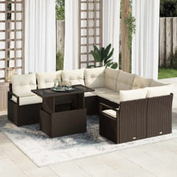 vidaXL Ensemble de Canapé de Jardin 9 Pièces avec Coussins Marron en Poly Rattan