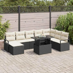 vidaXL Canapé de jardin 9 pièces avec coussins noirs en rattan synthétique