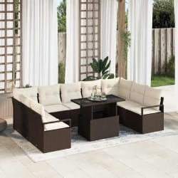 vidaXL Ensemble de jardin 10 pièces avec coussins en poly rotin marron