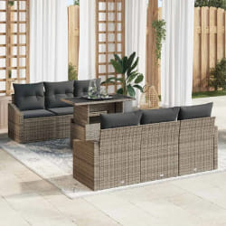 vidaXL Set de canapés de jardin 7 pièces avec coussins gris en polyrotin