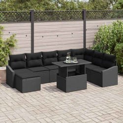 vidaXL Ensemble de jardin 9 pièces avec coussins en poly rotin noir