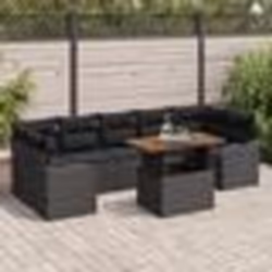 Canapé de Jardin 8 Pièces avec Coussins Noirs en Rattan Poly Acacia