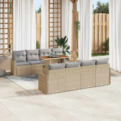 Ensemble de Canapé de Jardin 9 Pièces avec Coussins Beige Rotin PE Acacia