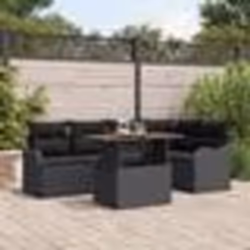 Ensemble de canapé de jardin de 6 pièces avec coussins en rotin poly noir et acacia
