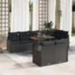 Ensemble de Canapé de Jardin 9 Pièces avec Coussins Poly Rattan Noir Acacia