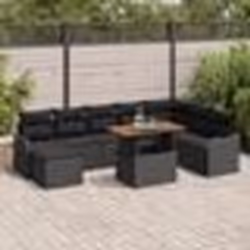 Ensemble de Canapés de Jardin 9 Pièces avec Coussins Noir en Rotin Poly Acacia