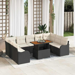 Ensemble de Salon de Jardin de 10 Pièces avec Coussins Noir Poly Rattan Acacia