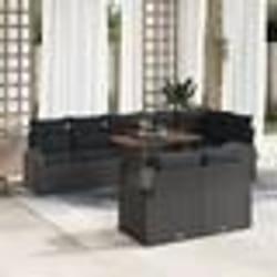 vidaXL Ensemble de Repas de Jardin 9 Pièces avec Coussins Noir Poly Rattan Acacia