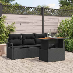 Canapé de jardin 5 pièces avec coussins en poly rotin noir et acacia