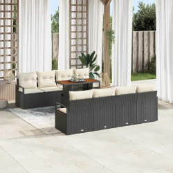 Ensemble de canapé de jardin de 9 pièces avec coussins en poly rattan noir acacia