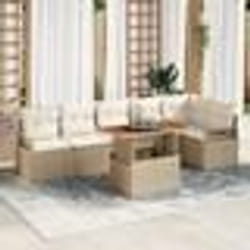 vidaXL Ensemble de canapés de jardin 7 pièces avec des coussins en rotin poly beige et acacia.