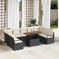 vidaXL Set de canapé de jardin 10 pièces avec coussins en poly rotin noir et acacia