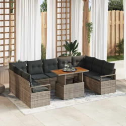 vidaXL Ensemble de canapés de jardin de 10 pièces avec coussins en poly rotin gris et en acacia.
