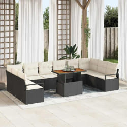 vidaXL Ensemble de Canapé de Jardin 11 Pièces avec Coussins en Rotin Noir et Acacia