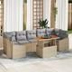 vidaXL Set de jardin 8 pièces avec coussins, rattan polybeige, acacia