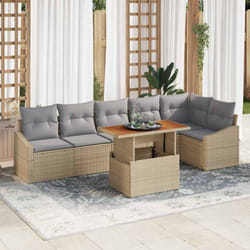 vidaXL Ensemble de jardin 7 pièces avec coussins beiges en poly rotin acacia.