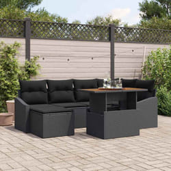 vidaXL Ensemble de salle à manger de jardin 7 pièces avec coussins en poly rotin noir et acacia