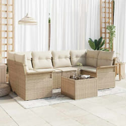 vidaXL Canapé de jardin 7 pièces avec coussins beiges en poly rotin.