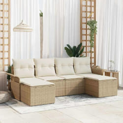Ensemble de Canapé de Jardin 6 Pièces avec Coussins Beige Rattan Poly
