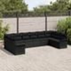 Set de 10 pièces de Canapé de Jardin avec Coussins Noir Poly Rattan