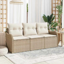 Ensemble de Canapé de Jardin 3 Pièces avec Coussins Beige Rattan Poly