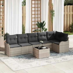 Ensemble de canapé de jardin 7 pièces avec coussins gris poly rattan