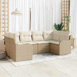 Ensemble de Canapés de Jardin 6 Pièces avec Coussins Beige Rattan Poly
