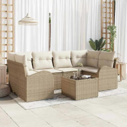 vidaXL Set de canapé de jardin 7 pièces avec coussins beige en poly rotin