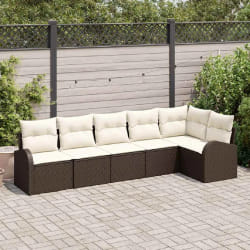Ensemble de canapé de jardin 6 pièces avec coussins en rotin poly marron