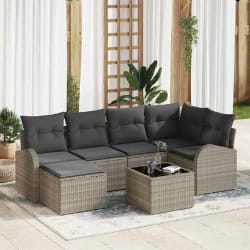 Ensemble de Canapé de Jardin 7 Pièces avec Coussins Gris Rattan Poly