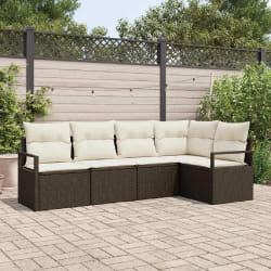 Ensemble de canapé de jardin 5 pièces avec coussins en rattan poly brun