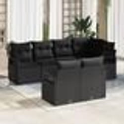 Canapé de jardin 7 pièces avec coussins en rotin noir