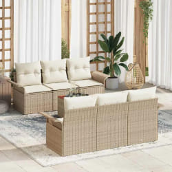 Ensemble de canapé de jardin 7 pièces avec coussins Beige Poly Rattan Acacia